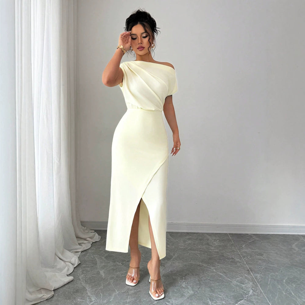 fashionsummernew arrival off-white oblique shoulder twist dress waist slit elegant mid-length dress