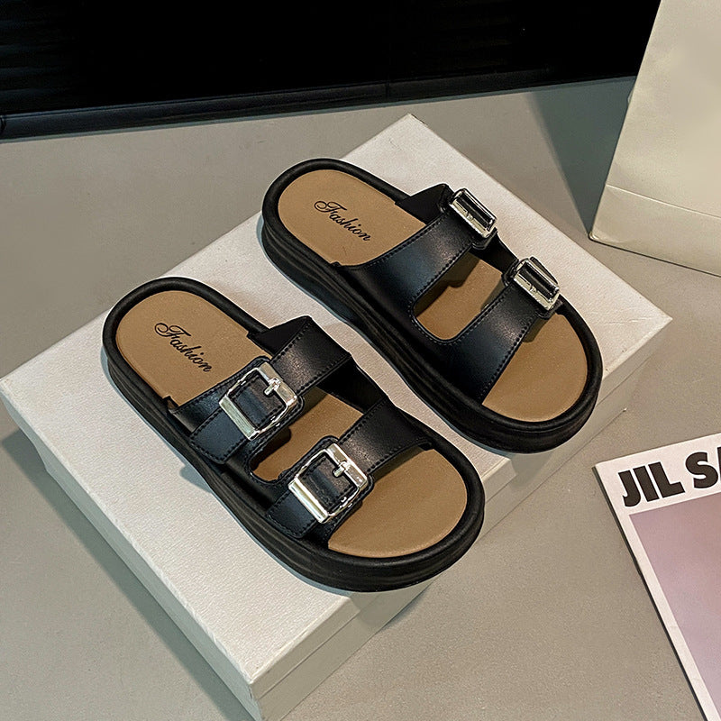 Retro color slippers for women new arrival double leather belt buckle flip-flops spring and summer outwear stepping on shit feeling half slippers beach sandals