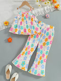 Girls' summer cami set with flared pants - dopamine floral print, ruffle collar, korean style two-piece outfit