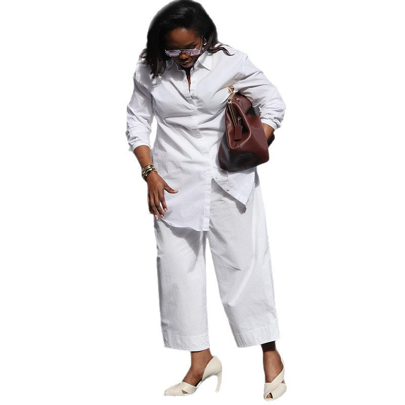 European and american cross-border women's fashion  autumn new arrival casual turn-down collar white long-sleeve shirt and cropped wide-leg pants set
