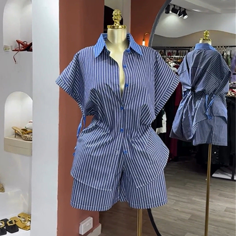 European and american cross-border women's fashion:  autumn new collection - stylish lapel blue striped cinched waist shirt and wide-leg shorts set