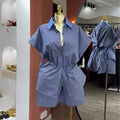 European and american cross-border women's fashion:  autumn new collection - stylish lapel blue striped cinched waist shirt and wide-leg shorts set