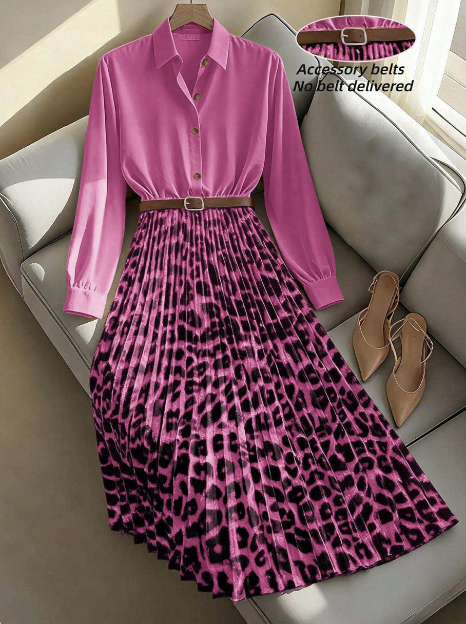 Ready-to-ship  new arrival: women's elegant leopard print patchwork pleated skirt h-line waist slimming dress - dropshipping available