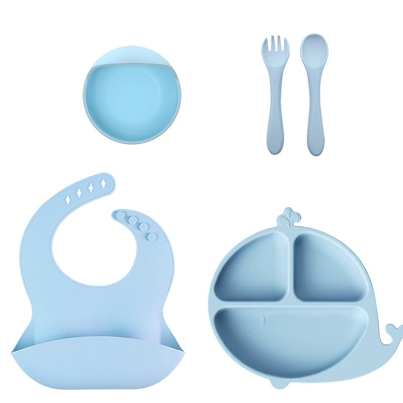 Cross-border food grade children's silicone plate set, silicone bowl, fork and spoon, baby complementary food bowl, feeding tableware six-piece set