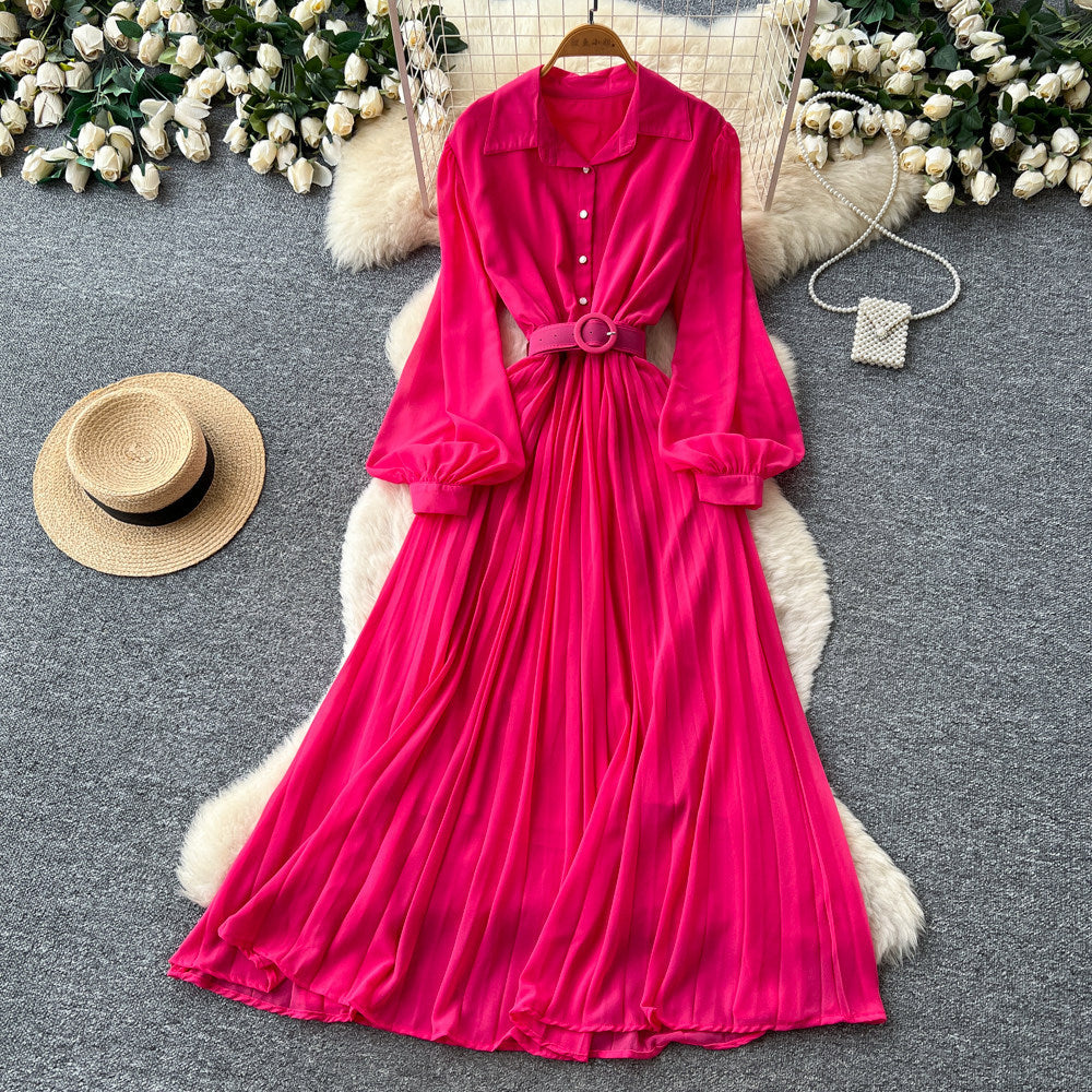 Light mature style lapel lantern sleeve red a-line dress women's springelegance waist slimming lookpleated long skirt