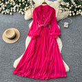 Light mature style lapel lantern sleeve red a-line dress women's springelegance waist slimming lookpleated long skirt