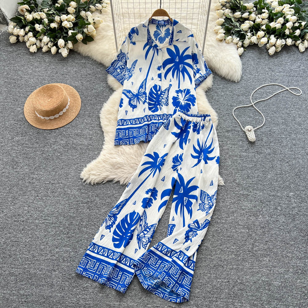 Bohemian style printed short-sleeve polo shirt + elastic waist wide-leg slimming straight-leg pants power suit