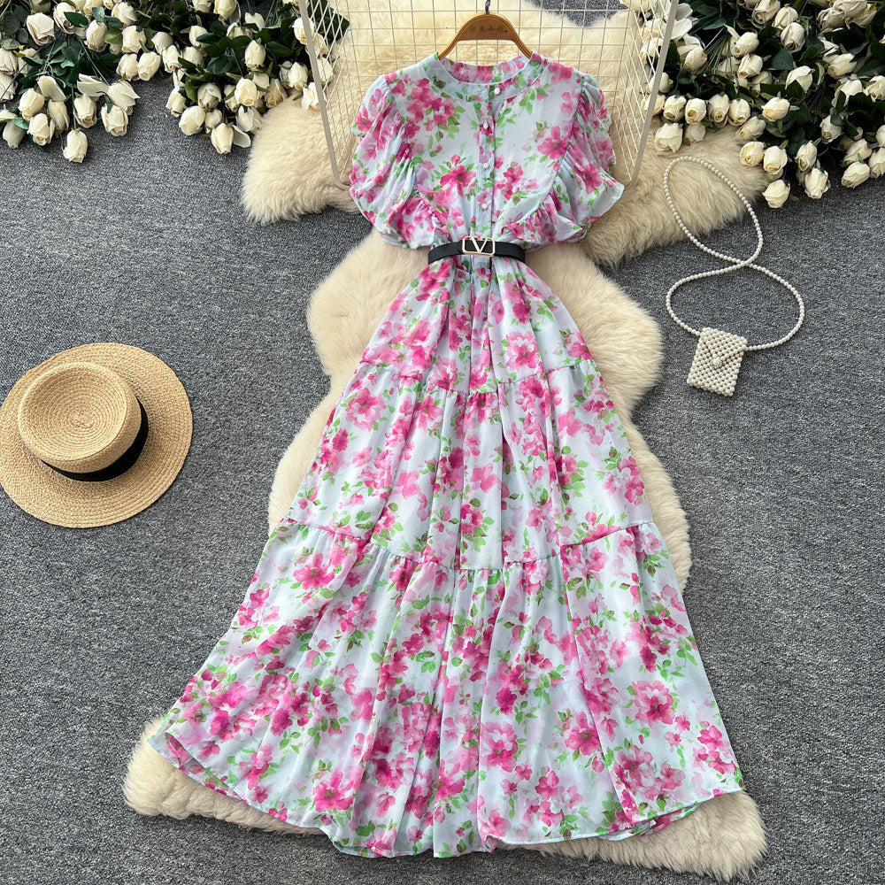French country style yellow floral dress - women's summer gentle style, cinched waist, flowy maxi dress, commute chic
