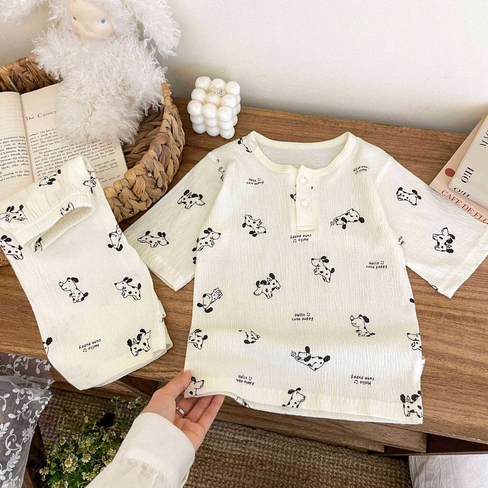 Summer lightweight crinkle cotton baby air conditioning suit set, separates pajamas, boys and girls' three-quarter sleeve loungewear