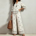 Vacation style plus sizenational style suitretro geometric printingv neck mid-sleeve topsloosestraight-leg pants fat mm