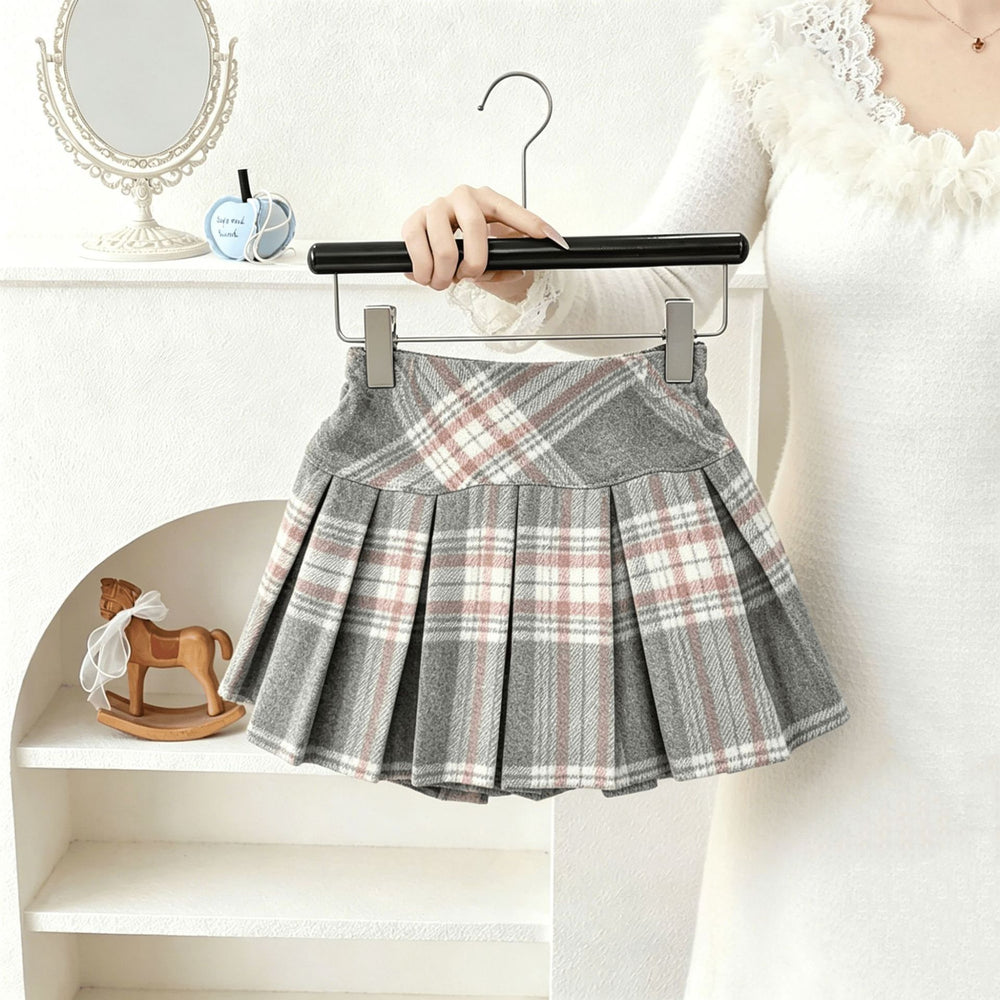 Girls' sweater set - new  winter collection: pink faux fur collar cardigan & wool blend plaid skirt two-piece set