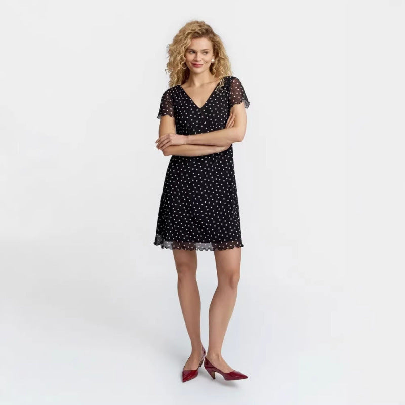 Amazon eleganceelegantcasualv neck polka dot dress women's summernew arrivalslimming looka line skirt