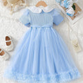 Girls' elsa princess sequin lapel short sleeve mesh dress summer kids ribbed frozen party dress