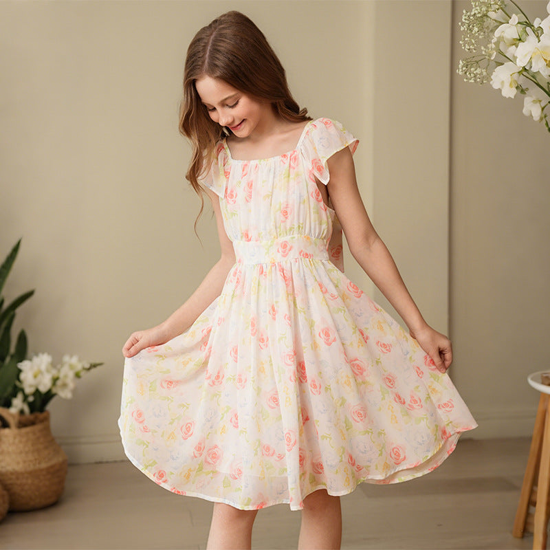 New girls' floral print dress - princess style, ruched waist, slim fit, fashionable kids' dress, beach dress