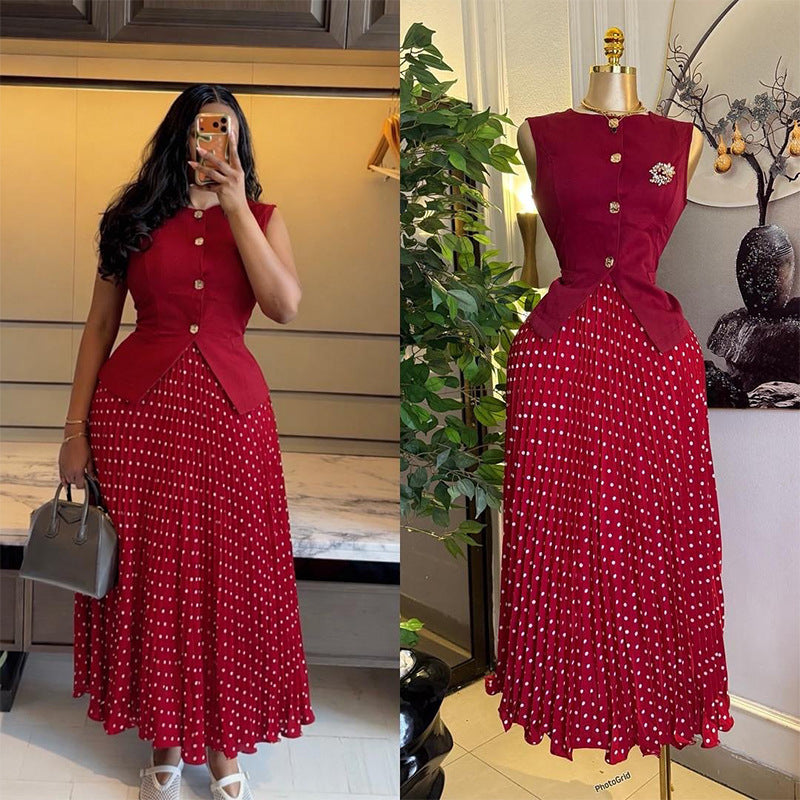European and american cross-border african women's clothing  summer new collection: elegant sleeveless vest top and pleated skirt set
