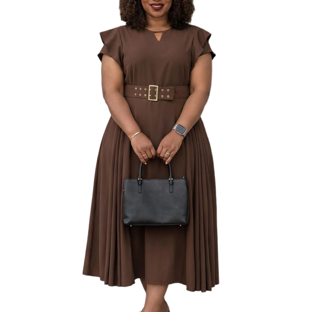 D629 european and american cross-border e-commerce summer new women's ruffle short sleeve solid color high waist midi pleated dress