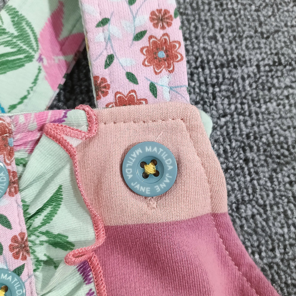 Original girls' spring/autumn pink striped overalls with floral print, mint green lace trim, soft, comfortable, and sweet long pants