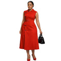 European and american cross-border women's clothing:  summer new arrival - elegant commute style, lapel collar, button-down, tie-waist, midi dress
