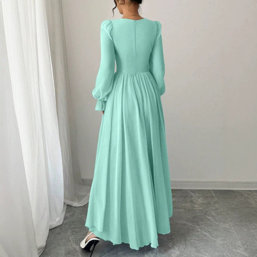 Fashion cross-border  overseas hot style mint green waist simple pure color square collar long sleeves large hem version long skirt