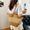 Large capacity straw woven bag women's new patchwork striped handbag fashionable knitted bag high-end tote beach bag