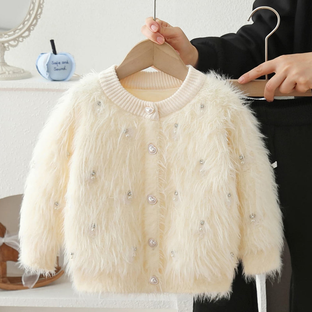 Girls' sweater set - new autumn/winter korean style baby girl solid color fuzzy beaded cardigan knit pants two-piece outfit