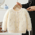 Girls' sweater set - new autumn/winter korean style baby girl solid color fuzzy beaded cardigan knit pants two-piece outfit