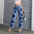 Women's black star denim jeans - new casual, edgy street style wide leg high waist washed jeans