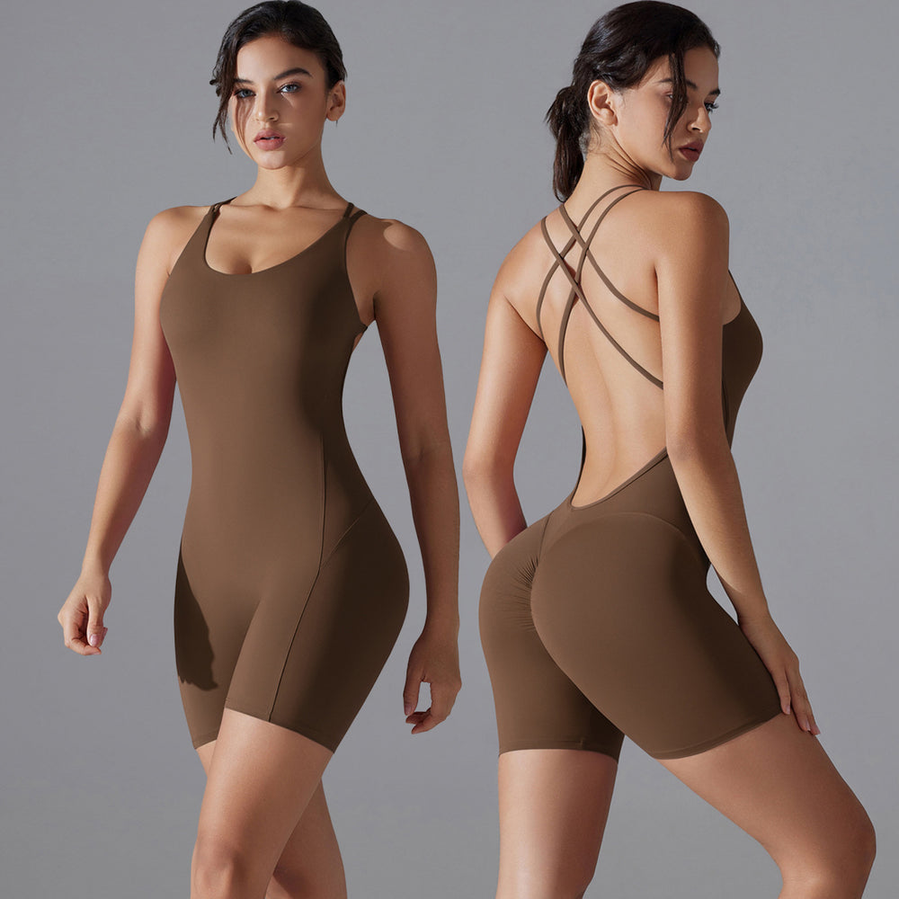 Fashionnew arrivalnude suspender beautiful back jumpsuit shortall-in-one yoga clothes women's running sports fitness jumpsuit