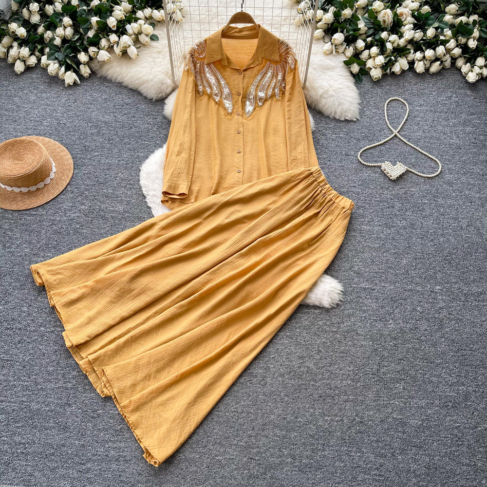 Gentle and lazy style heavy industry embroidered beads sequin lapel shirt skirt two-piece set for women autumslimming lookelegant