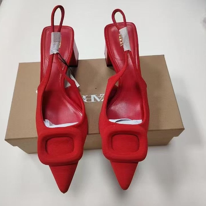Zaexport2024 summer new arrival women's shoes, square buckle buckle, pointed toe, thick heel, high heel sandals, toe cap