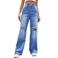 Ready-to-ship 30988# european and american gradient denim jeans, new women's fashion, distressed straight-leg loose wide-leg pants