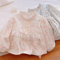 Girls' floral print babydoll top - new korean style, sweet french lace long sleeve cotton top, suitable for all seasons