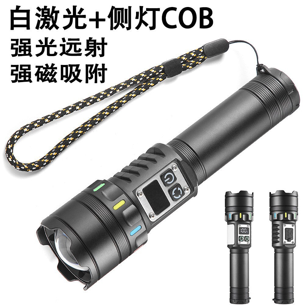 Cross-border new long-range zoom white laser + COB strong light flashlight, multi-function Type-C rechargeable LED flashlight