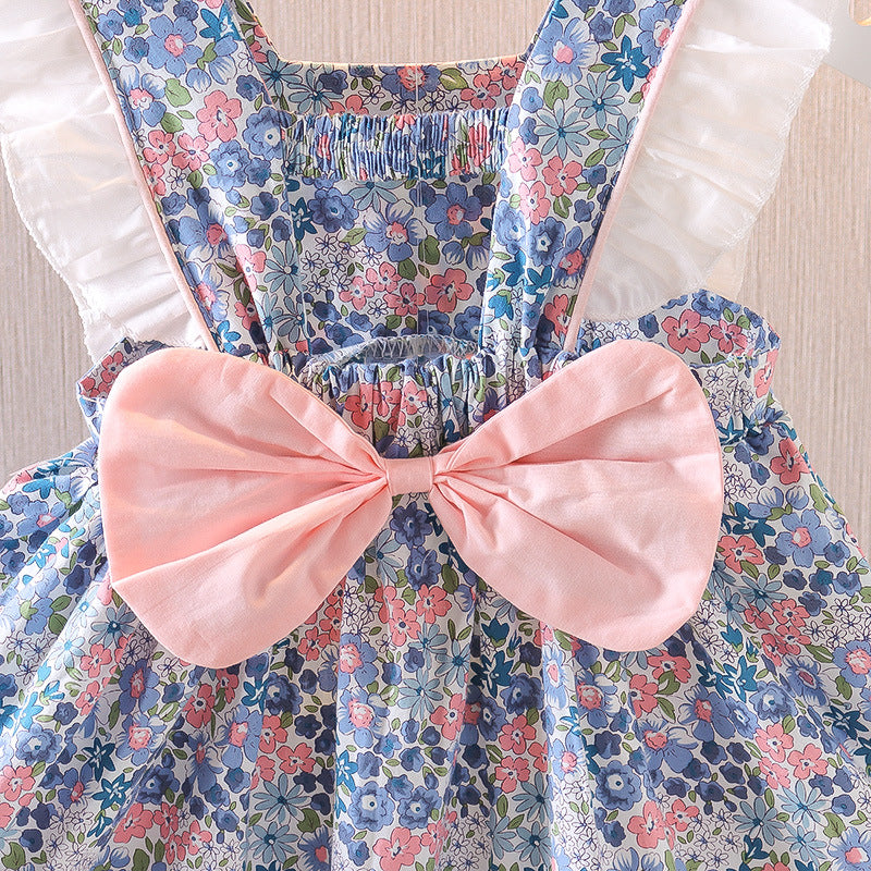 summer new arrival: girls' floral cotton dress with back bow and lace trim, featuring lace sleeves