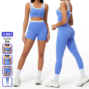 fake two-piece contrast color nude yoga suit women's threaded high waistcasualeasiest for match fitness sports suit 3129