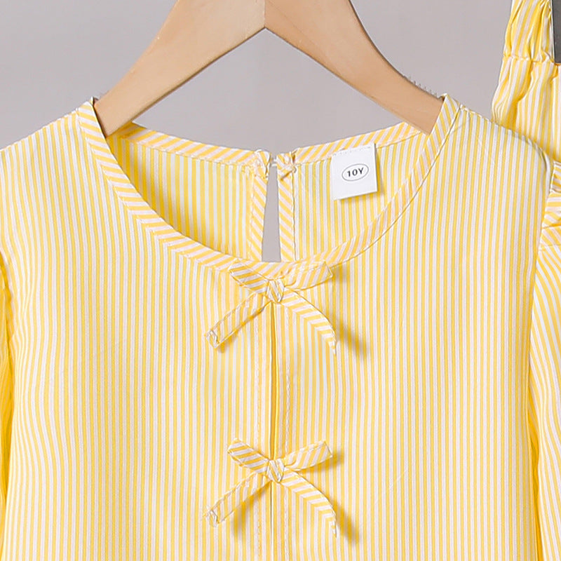 European and american cross-border girls' spring  collection: independent website &  new arrival - tie-up bow long sleeve top and pants set