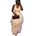 European and american cross-border women's fashion  summer new arrival: elegant halter white high-waisted mesh irregular dress