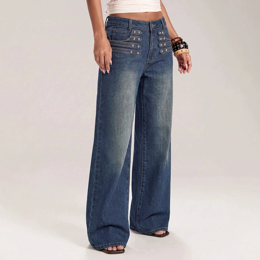 European and american style women's vintage high-waisted studded wide-leg jeans - washed, distressed, multi-row button detail, relaxed fit long pants