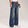 European and american style women's vintage high-waisted studded wide-leg jeans - washed, distressed, multi-row button detail, relaxed fit long pants