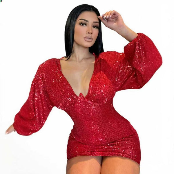 sequined long-sleeved hip-wrapped dress sexy nightclub party dress split-ended solid color floor-mopping evening dress