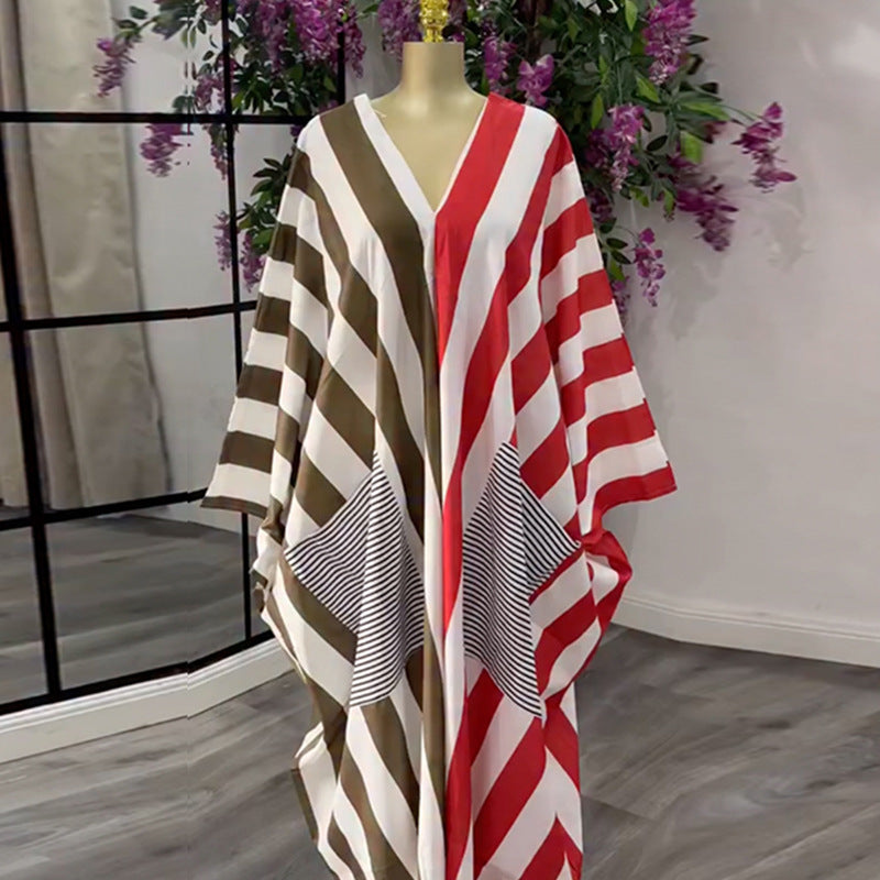 European and american cross-border women's clothing:  spring new arrival - casual plus size loose v-neck striped backless dress with large pockets