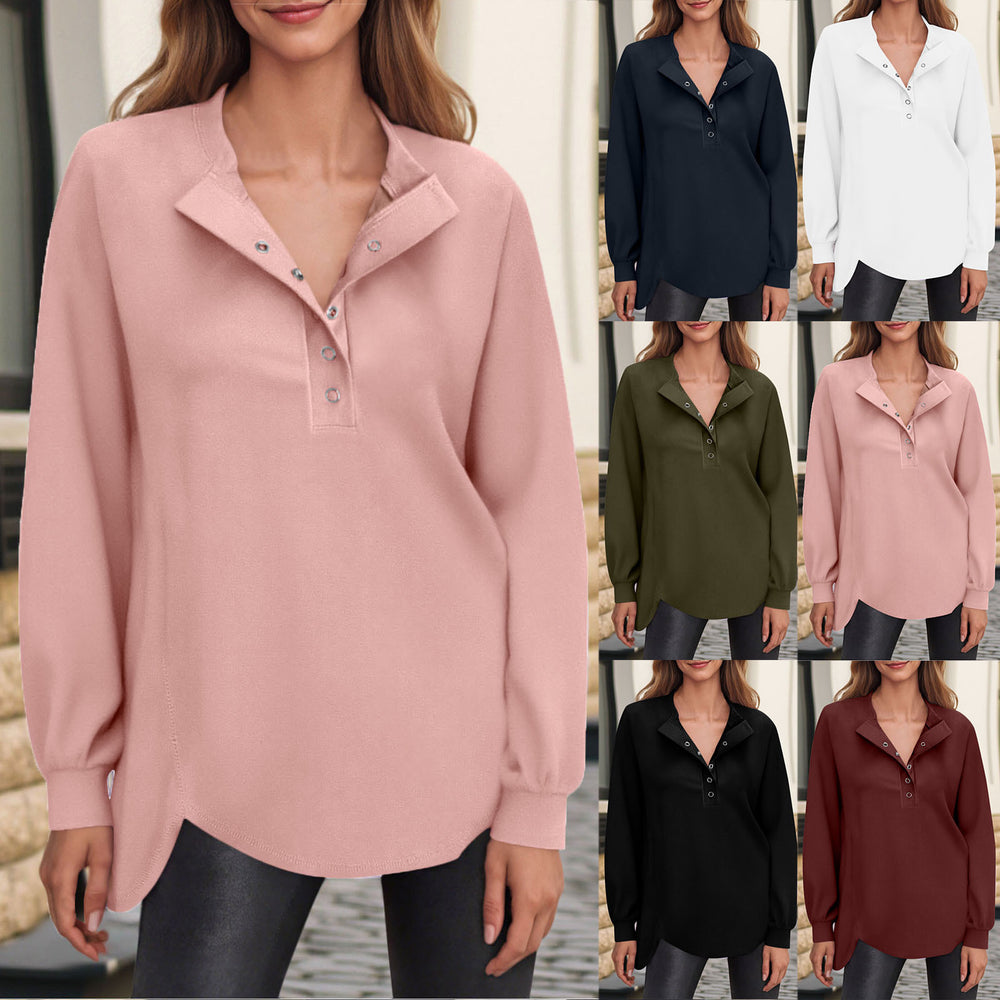 cross-border women's fashion casual solid color crew neck button-down long sleeve top hoodless sweatshirt