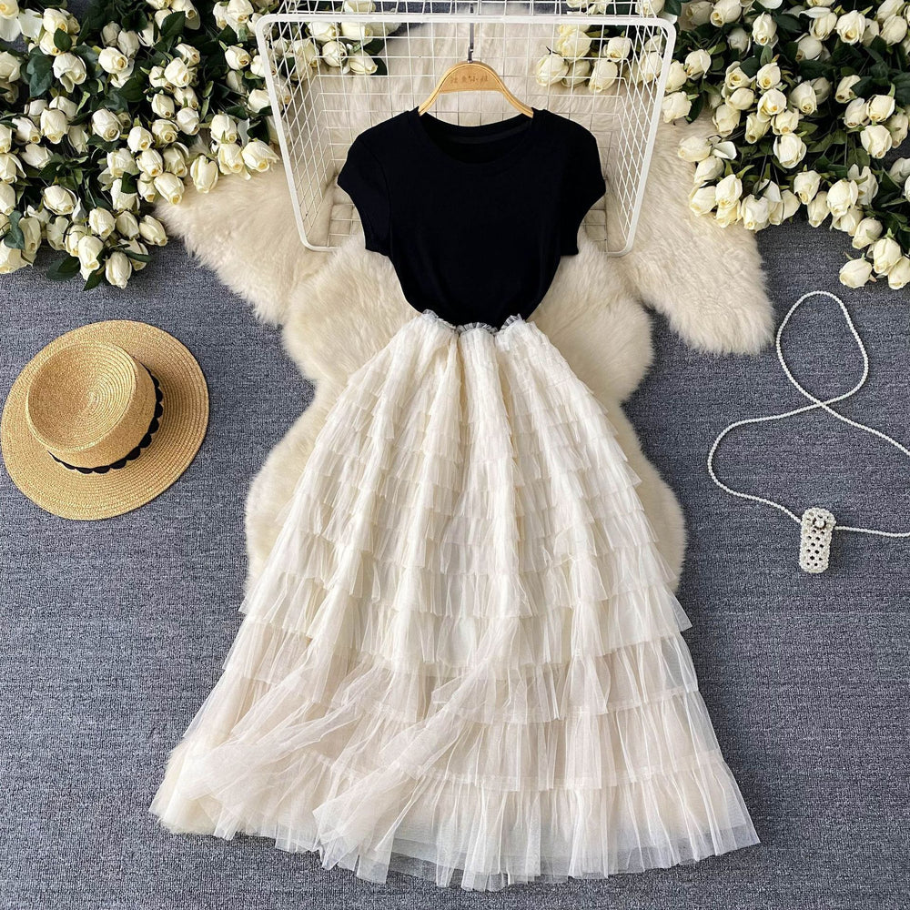 European and american style light luxury high-end women's summer dress - mesh panel design, slimming waist, ethereal long dress
