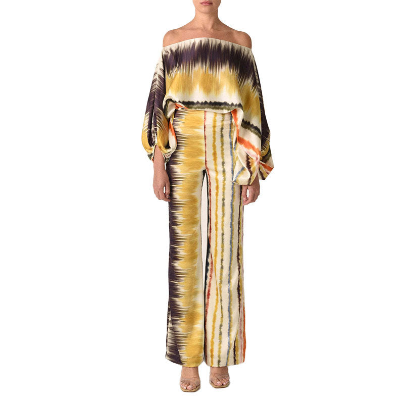 cross-border e-commerce european and american women's clothing: new summer collection - printed off-the-shoulder loose batwing sleeve wide-leg pants set