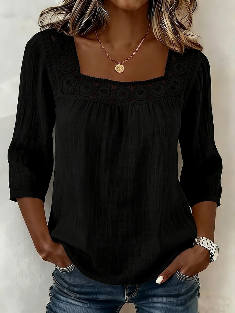 new cross-border  summer solid color casual square neck lace trimmed three-quarter sleeve cotton linen short-sleeve top for women