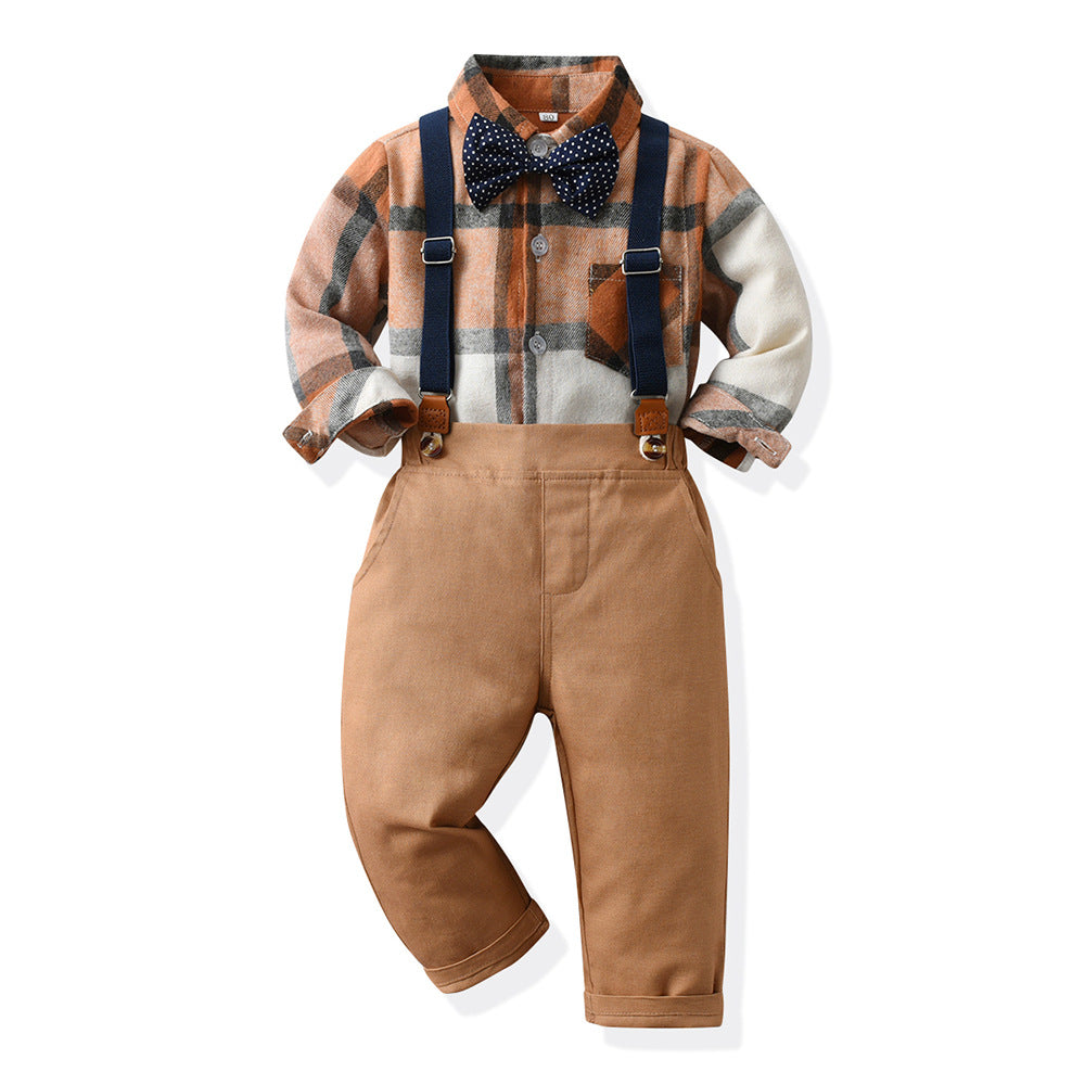 Kids' formal wear: spring/autumn preppy overalls, boys' long-sleeve plaid shirt set, baby's first birthday photography outfit