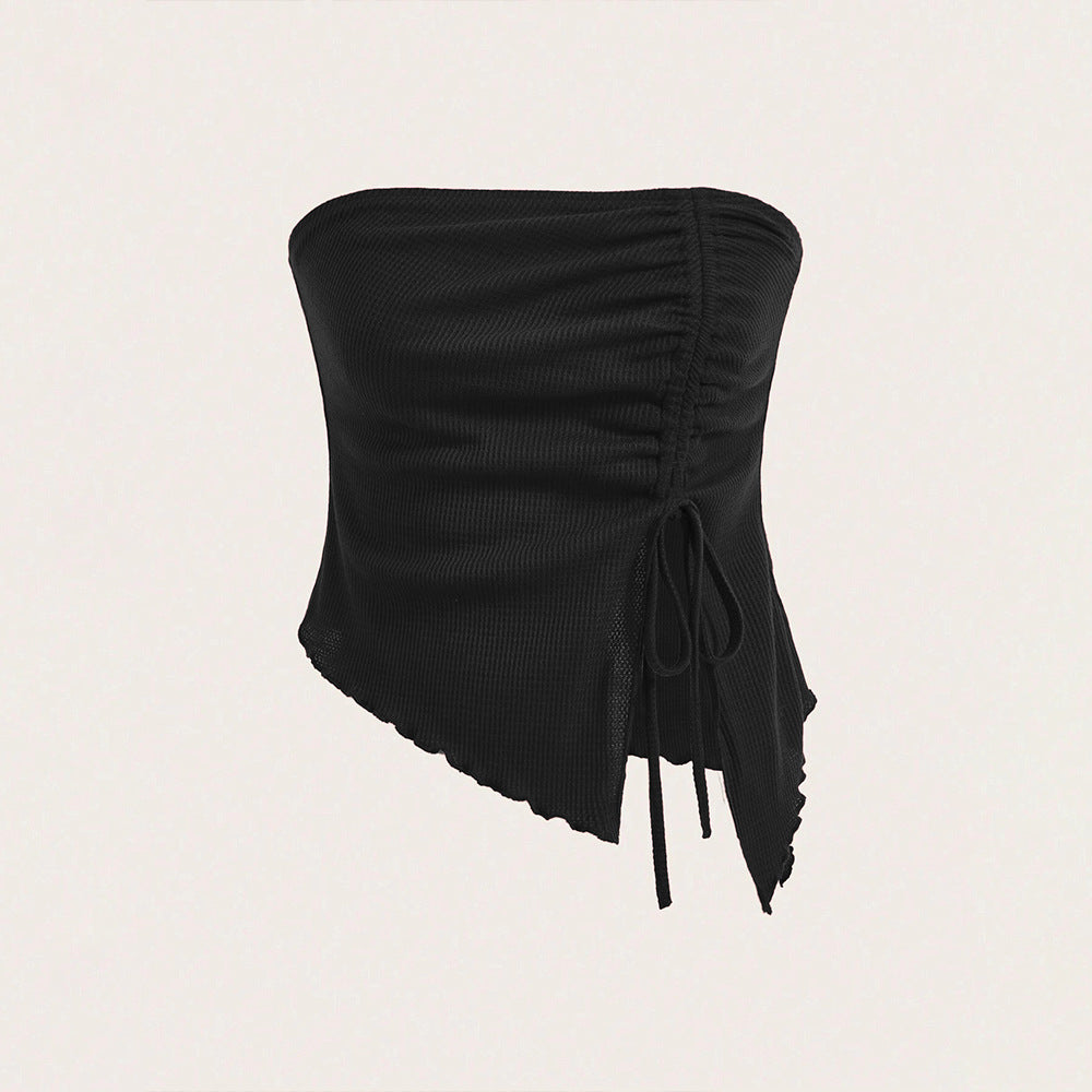 european and american women's clothing  summer new drawstring slit irregular waffle knit bodycon bandeau top