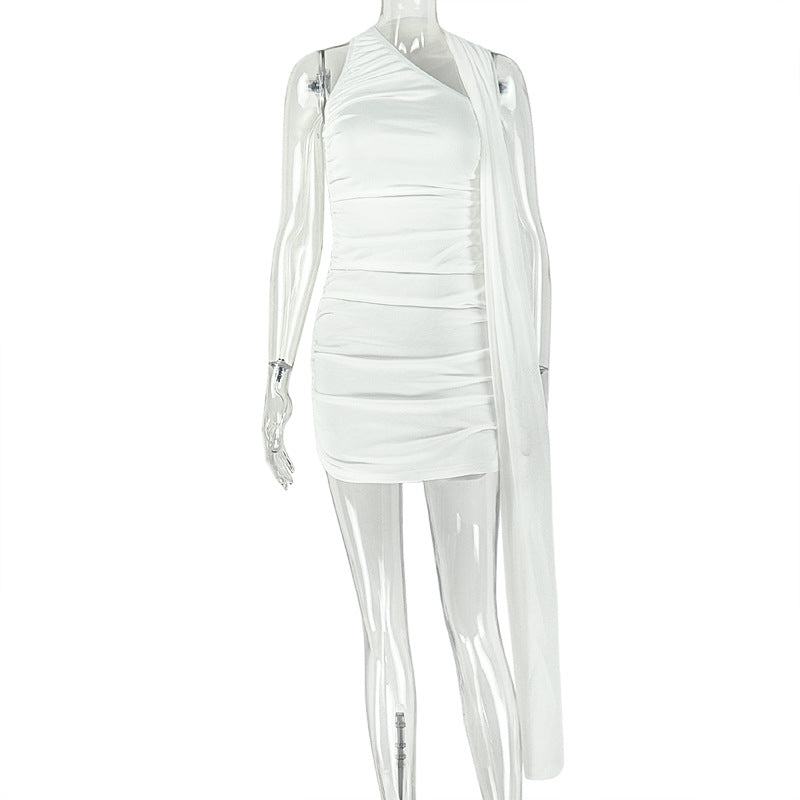 European and american style cross-border commute solid color women's pleated asymmetrical neck bodycon mini dress with tie detail - hot selling wholesale