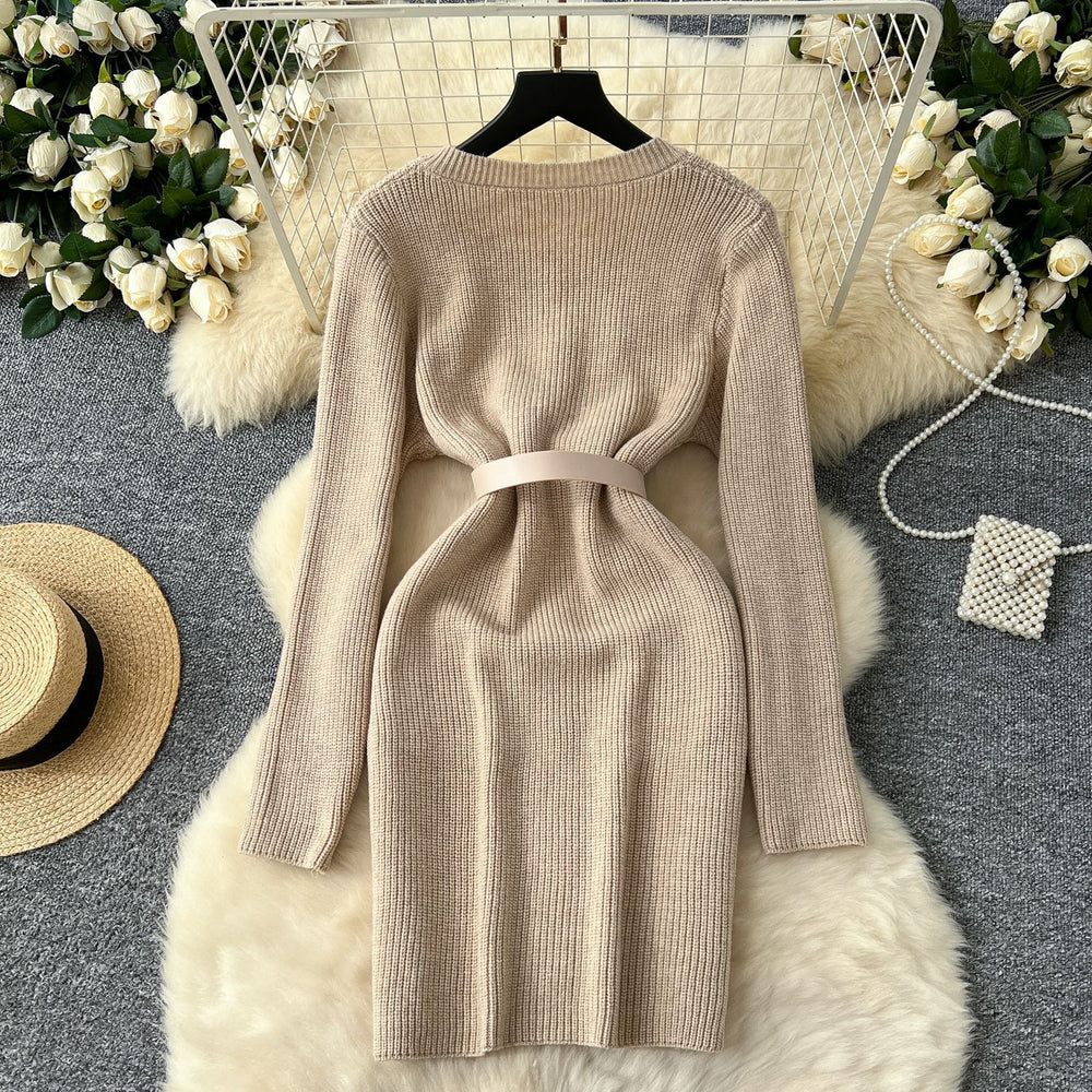 French chic chanel-inspired round neck cardigan knit dress - women's fitted waist inner layer sweater dress