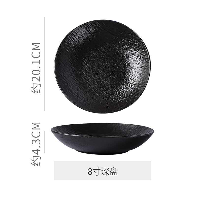 Vintage rock texture ceramic dinnerware set - soup plates, fish plates, steak plates, and vegetable plates - matte finish, high-end black and white dinnerware set